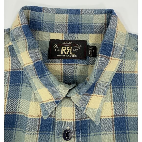 RRL Double RL Ralph Lauren Mens Popover Shirt Sz Large Blue Plaid Long Sleeve - Picture 3 of 12